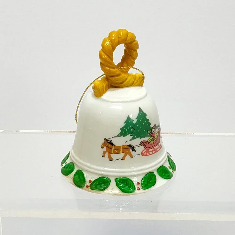 Christmas Ceramic Bell Ornament w/ Teddy Bear Clapper Holiday Design Circa 1980s